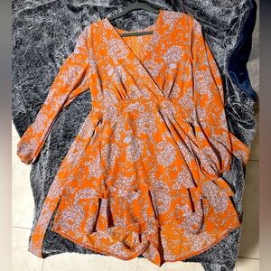 Relipop Women's Romper Floral Print V Neck Baggy Sleeve Waist Tie Layered Ruffle